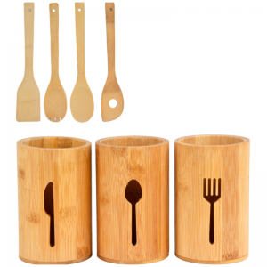 Bamboo Wooden Kitchen Cooking Utensils Set With Holder