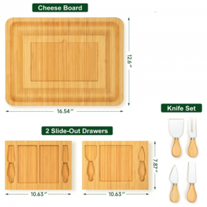 Stort bambus rektangel ostebrætsæt med 4 knive