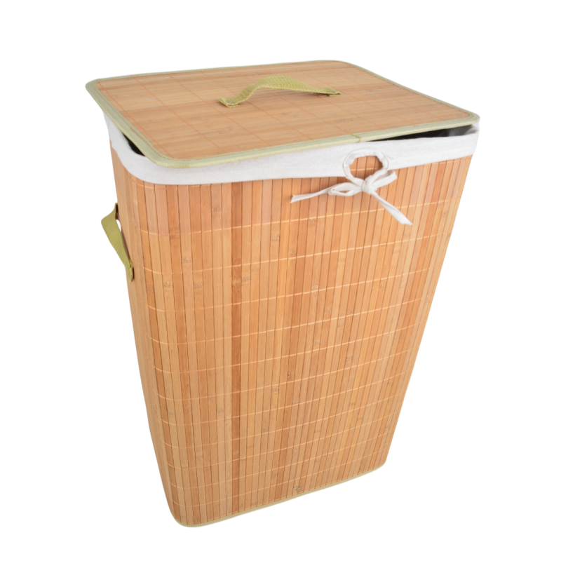 Bambus rektangel vasketøjskurv med rebhåndtag og låg