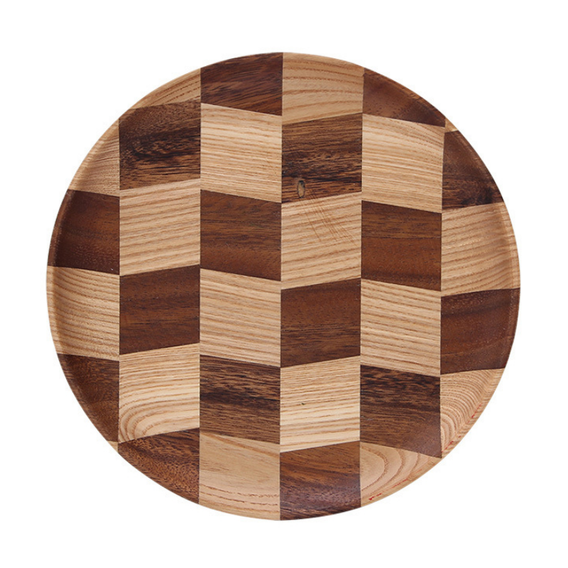 Wooden Checkered Decorative Round Serving Tray1