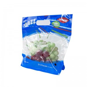 Custom printing zipper top clear stand up fruit bag with die cut handle