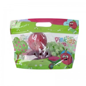 Custom printing zipper top clear stand up fruit bag with die cut handle