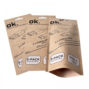 Manufacturers custom biodegradable PLA three side sealed kraft paper flat pouch for mobile phone accessories packaging