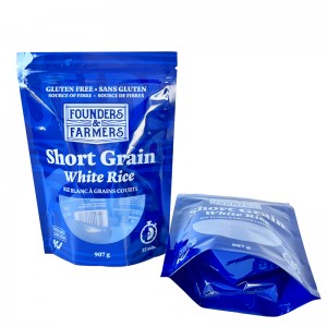 Custom printed resealable stand up pouch with zipper and irregular window recyclable rice retail packaging bags