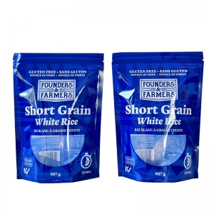 Custom printed resealable stand up pouch with zipper and irregular window recyclable rice retail packaging bags