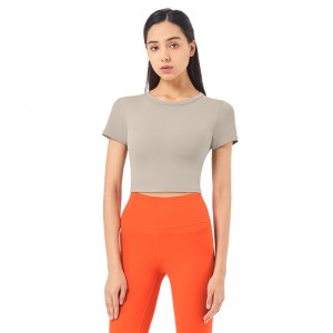 New Spring Women’S Skin-Friendly Nude Short Sports T-Shirt Europe And America Tight And Slim Round Neck Yoga Top