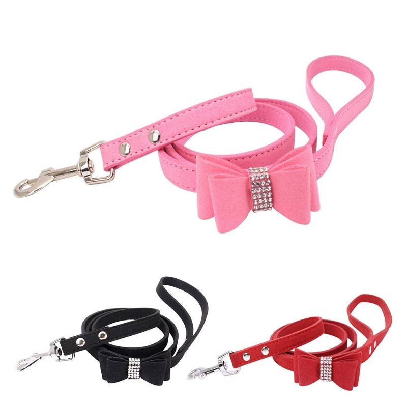 Leather Wide Collar For Pet Cat Dog Bowknot Pulling Rope