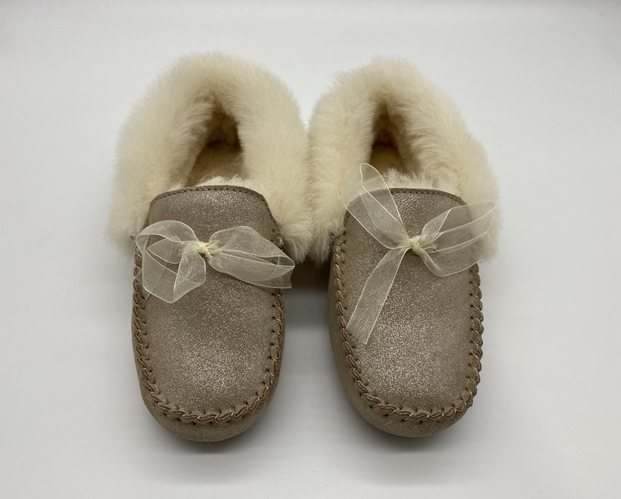 Hot-selling Ladies Sheepskin Slippers In Chestnut - Shiny Gold Sliver Collar Mules  – Yiruihe