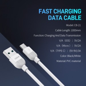 Celebrat CB-21 eSand upgrade PVC Material Ukutshaja ngokukhawuleza + Data Transfer Cable For Type-C 3A