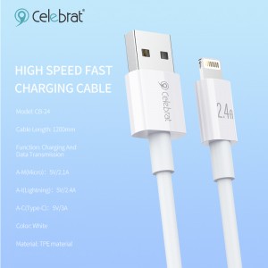 Rychlé nabíjení + kabel pro přenos dat Celebrat CB-24 pro iOS 2.4A, pevné drátěné tělo, odolné proti vytažení a roztržení.