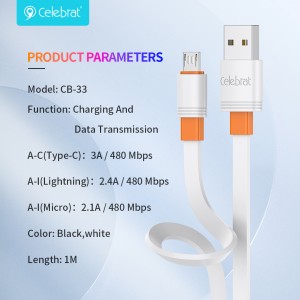 Celebrat CB-33 PVC silikon Kabel za brzo punjenje za prijenos podataka za Type-C 3A