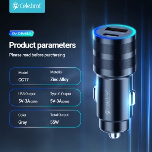 New Arrival Celebrat CC-17 Car Charger with 1 USB port and 1 Type-C port