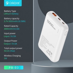 Celebrat PB-03 Poratable Power Bank , 5000mAh Battery Pack with Wireless+Wired