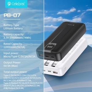 Ipagdiwang ang PB-07 Polymer lithium battery fast charging power bank, Nilagyan ng IOS/TYPE-C data cable