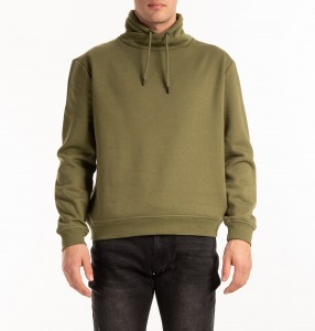 Olive Green Fleece Hoodie 60 Cotton 40 Polyester High Collar Sweatshirt