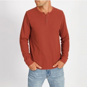 Fashion Autumn Men Tee Long Sleeve Waffle Henley Shirt