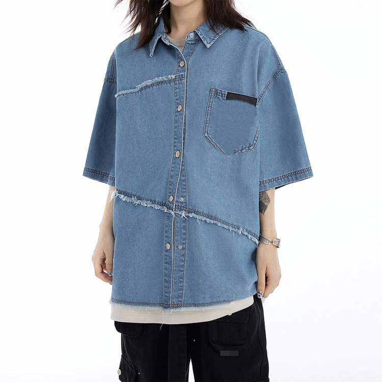 Chic Oversized Unisex Asymmetrical Fray Button-up Denim Shirts Featured Image