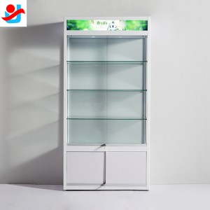 Glass storage display cabinet with header
