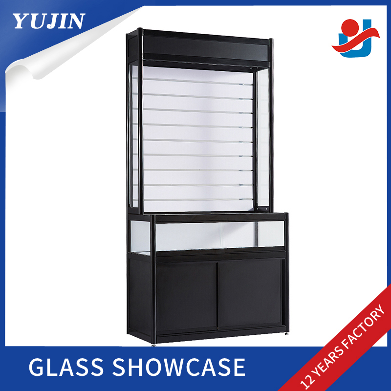 Free sample for White Double Sliding Glass Door Wall Display Unit - Slat wall hanging glass display cabinet used with glass counter – Yujin