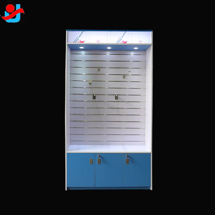OEM manufacturer Corner Showcase Cabinet Stand - Slatwall hanging wooden Mobile phone accessories display cabinet – Yujin