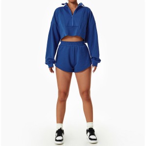 Women casual sports short sweatshirt and jogger shorts two pieces set