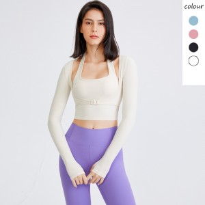 Sport Short Wear With Chest Pad Faked-two Square Collar Long Sleeve Yoga Top With Thumb Hole