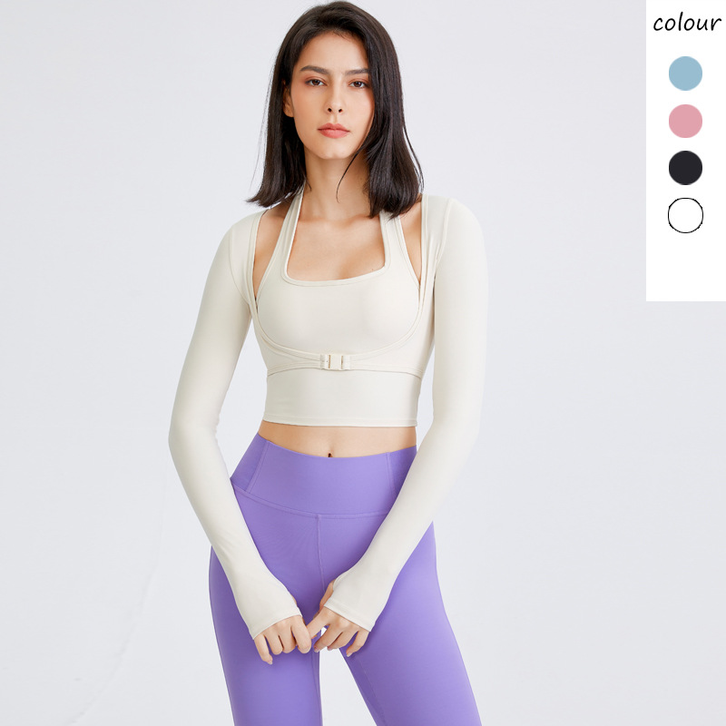 Sport Short Wear With Chest Pad Faked-two Square Collar Long Sleeve Yoga Top With Thumb Hole Featured Image
