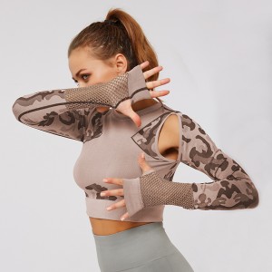 New Seamless Camouflage Tight Fitting Sport Clothes Mesh Splicing Long Sleeve Yoga Tops For Women Fitness