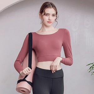 Nude Long Sleeve Backless Tops Cross Straps Yoga Crop Top With Chest Pad Thumb Hole