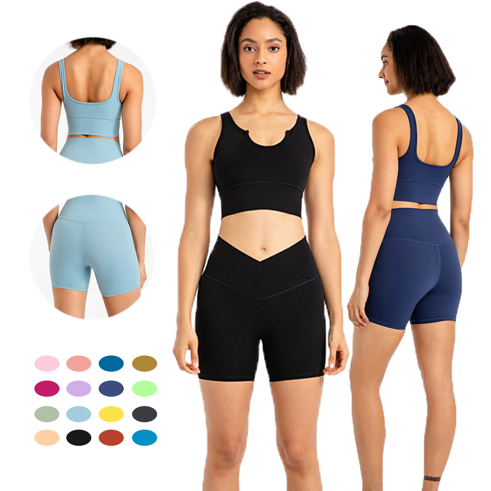 U neck sports bra biker shorts women two piece yoga set with custom logo