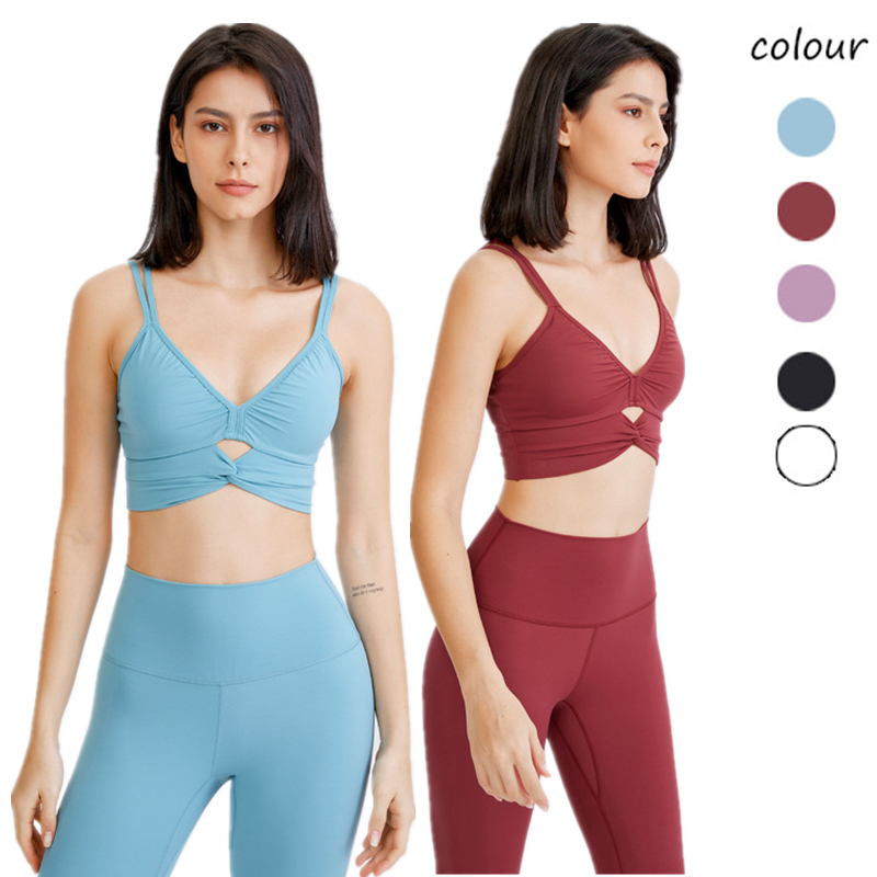 V-neck Sleeveless Folds Double Shoulder Straps Tops Breathable High Strength Shockproof Push Up Yoga Bra Featured Image