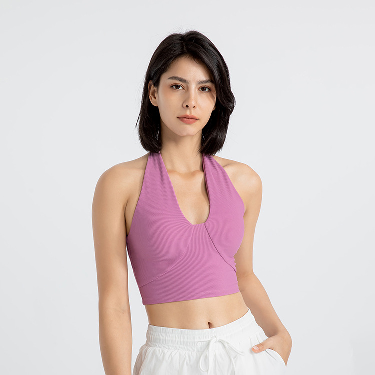 100% Original Hot Pink Sports Bra - Backless Halterneck Yoga Tops Ribbed Nylon Shockproof Push Up Yoga Bra For Summer – Yoke detail pictures