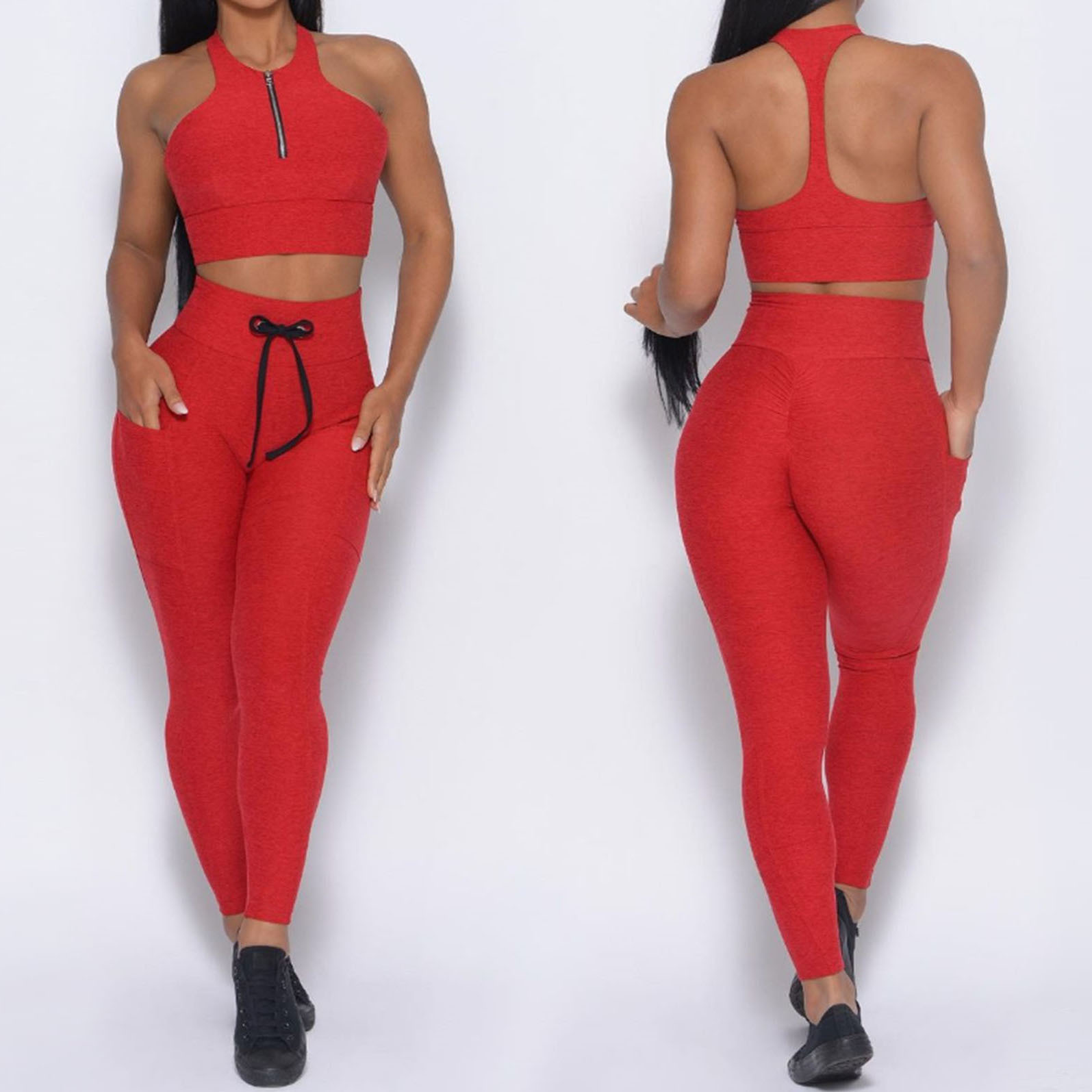 New women’s suit half zipper sports bra tops high waist drawstring pants fitness suit Featured Image