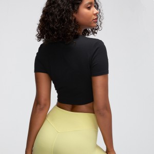 Women Nude Fold Design Skinny V-neck Crop Tops Solid Color Fitness Shirt Yoga Wear With Zipper