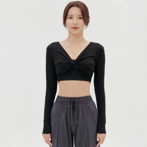 Fashion Solid Color Sport Casual Wear Cross Folds Design V-neck Long Sleeve Crop Top For Women Yoga Fitness