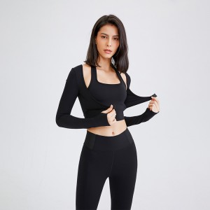 Sport Short Wear With Chest Pad Faked-two Square Collar Long Sleeve Yoga Top With Thumb Hole