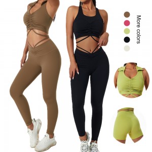 Sports fitness athletic leggings set women biker shorts and crop top sets