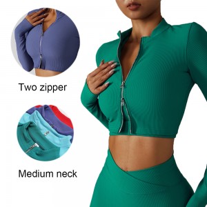 New women ribbed double zipper long sleeve gym clothing sports yoga top