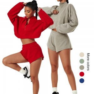 Women casual sports short sweatshirt and jogger shorts two pieces set