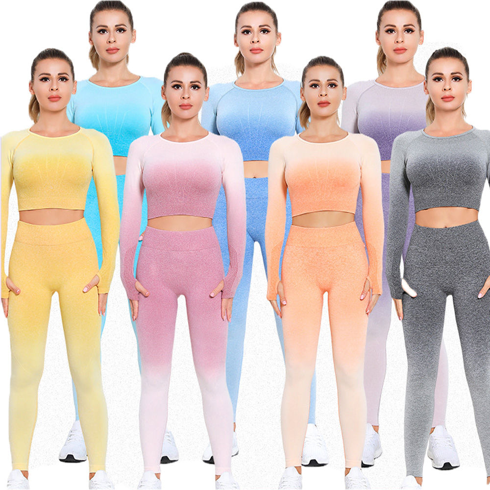 Hot Selling for High Waisted Workout Leggings - Ombre long sleeve gym activewear women 2 piece leggings set with custom logo – Yoke