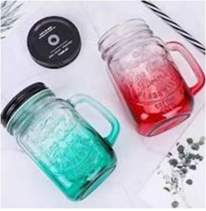 Glass Mugs Glass Bottles with handle and PP Straw 500ml Spraying Color