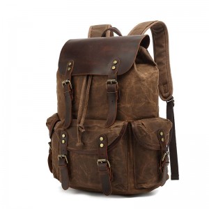 Outdoor Hiking Camping Canvas Backpack Laptop Man Leather Rucksack Bag