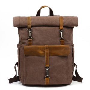 Large Capacity Explorer Roll Top Canvas Backpack Rucksack With Genuine Leather Trim