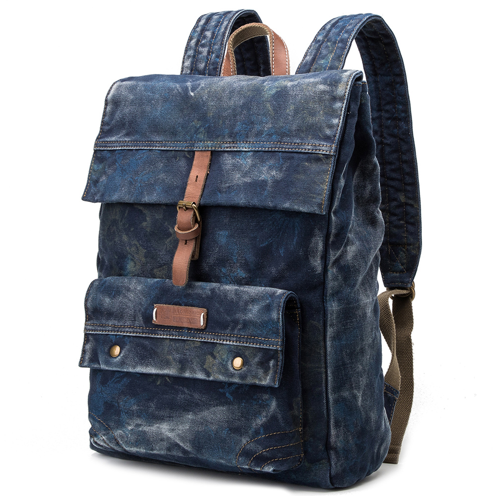 Yoson Leather Washed Denims Finish Cowboy Canvas Backpack School Bag Rucksack Bag With Leather Trim