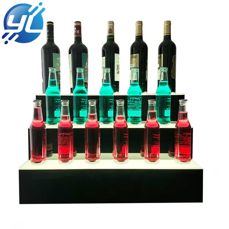 Mesa de exhibición de vino tipo escalón con luz LED acrílica negra