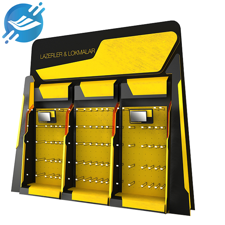 Κίτρινη βάση επίδειξης σανίδων MDF, μεταλλική βάση εξαρτημάτων εργαλείων με γάντζο