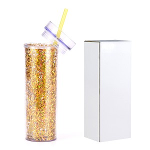 Wholesale Straight Plastic Water Bottles Double Wall Acrylic Plastic Glitter Sequins Skinny Tumblers Cups With Lid and Straw
