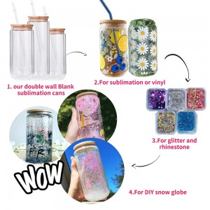 DIY Mason Jar Cup Snowglobe Tumbler 16oz double wall Glass With Bamboo Lid And Straw