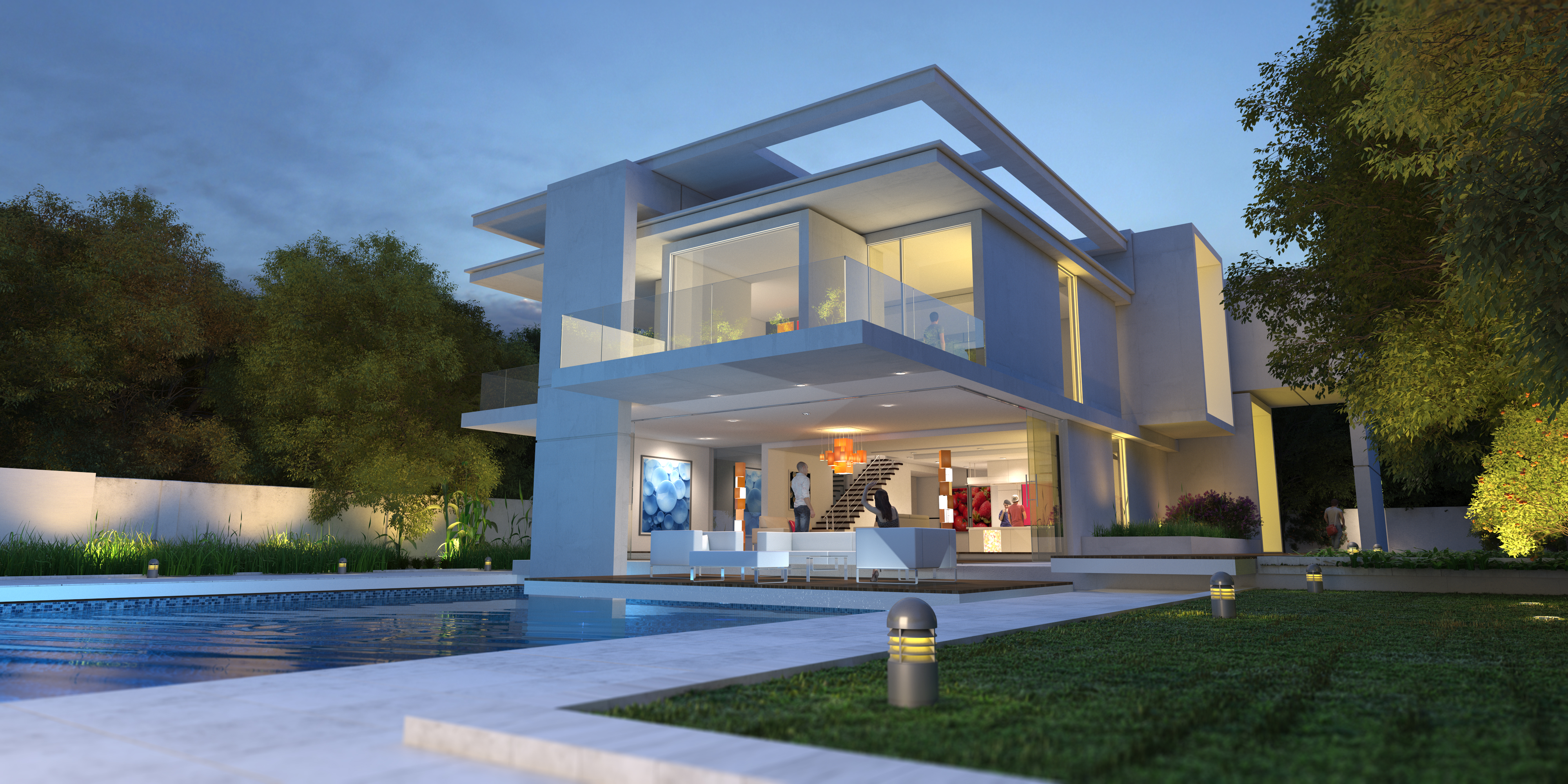 3D rendering of an upscale modern  mansion with pool