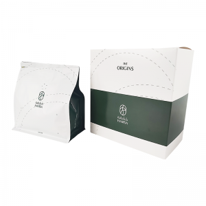 Bosses i caixa de cafè amb folre Kraft blanc de fons pla de 4 oz, 16 oz i 20 g d'impressió personalitzada